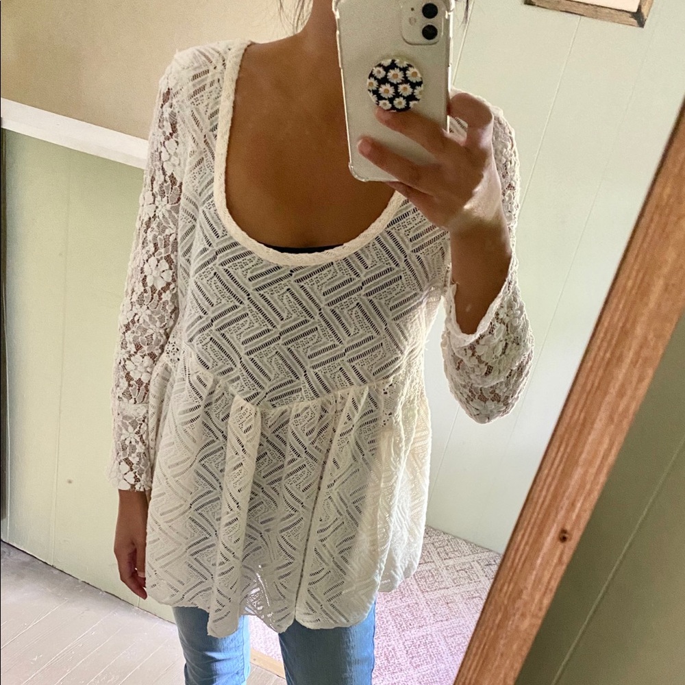 Free People White Boho Long Sleeve Top